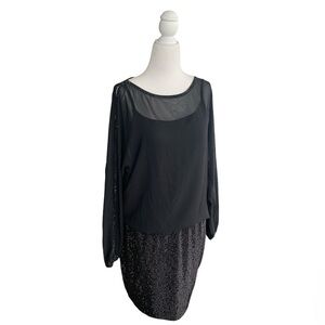 Cache Sequins Embellished Sheer Elegant Black Evening Mini Dress sz S